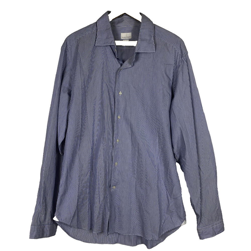 Mastai Ferretti Shirt XL Pinstripe Round Hem Long Sleeve Custom Fit Blue Mens